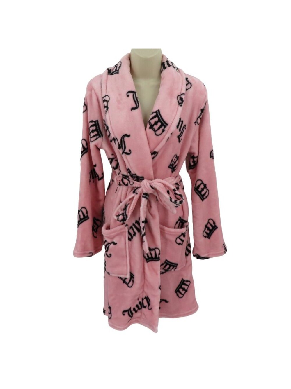 Juicy Couture Womens S/M Small Medium Pink Black Crown Plush Bathrobe Robe NEW
